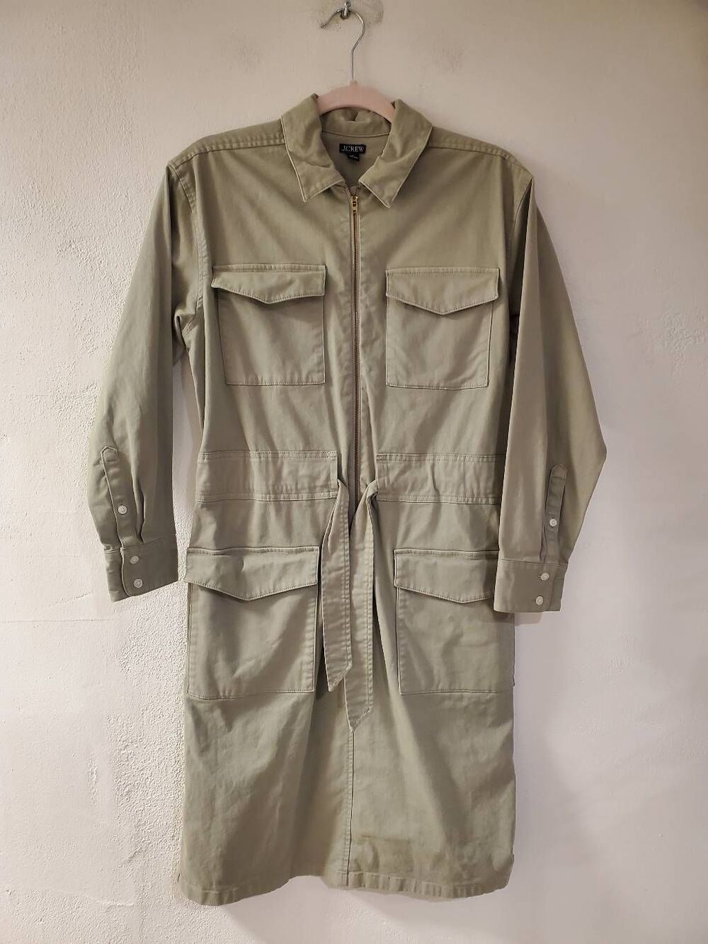 J Crew Cinched Waist Utility Dress in Stretch Chino Sage Green Size 2